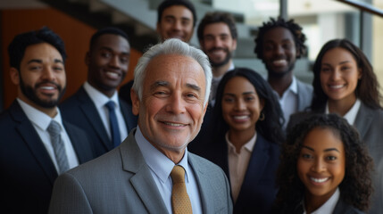 A group of business people smiling and standing together, with diversity in age and gender.