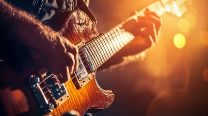 Obraz premium Close-up of a Guitarist Playing on Stage