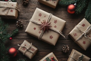 Obraz premium Merry Christmas theme ! Christmas presents on rustic wooden table , ai