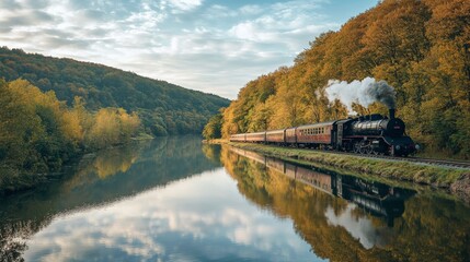 Obraz premium A vintage locomotive traveling along a winding river, with scenic views of trees and hills reflected in the calm water.