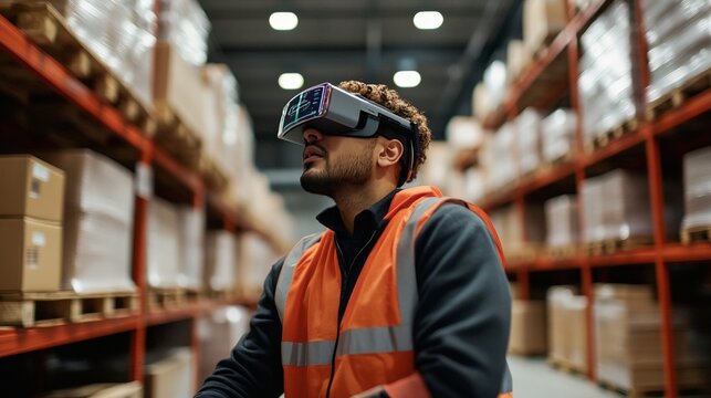 A warehouse worker using augmented reality glasses to pick packages, with virtual delivery information and tracking numbers displayed in mid-air above each item, enhancing efficiency.