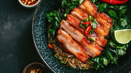 Delicious crispy pork served with fresh greens and lime