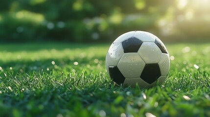 Fototapeta premium A soccer ball sits on dewy grass, reflecting the morning sunlight. The soft light and blurred background create a peaceful and fresh atmosphere, ideal for sports imagery.