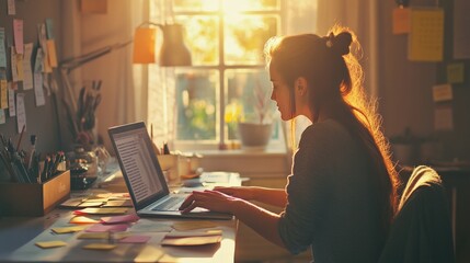 A woman in a bright, sunlit home office, working on her laptop at a clean, organized desk, with sticky notes and planners nearby, showing productivity in a calm setting.