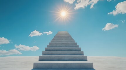 A stunning view of ascending steps leading into a bright sky, symbolizing a journey towards hope and dreams, illuminated by shining sunlight and fluffy clouds.