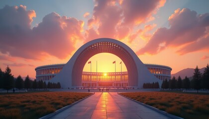 Obraz premium Architectural marvel at sunset evoking a sense of grandeur and tranquility