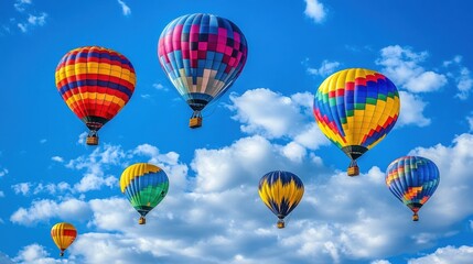 Obraz premium A vibrant group of hot air balloons fly against a bright blue sky with puffy white clouds.