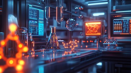 Futuristic lab with glowing molecules and advanced technology on display.