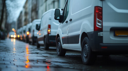 row of white delivery vehicles parked on the side