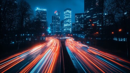 The city's streets at night, with long exposure lights creating streaks of light on the road and buildings in the background