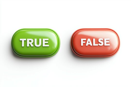 Green and red buttons labeled True and False on a white background representing binary choices