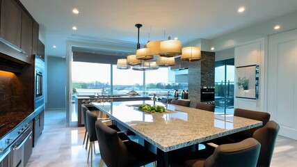 Upscale kitchen with an open layout and premium appliances. Video