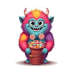 Naklejka premium Colorful Monster Joyfully Holding a Bucket of Sweet Treats
