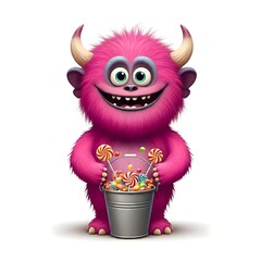 Naklejka premium Adorable Fuzzy Pink Monster with Bucket of Colorful Candies