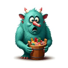 Naklejka premium Colorful furry monster surprised with candy-filled wooden bucket