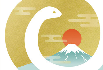 巳年の年賀状テンプレート　蛇と富士山と日の出