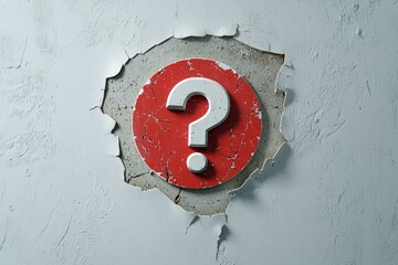 Curious question mark symbol breaking through cracked wall in modern interior space