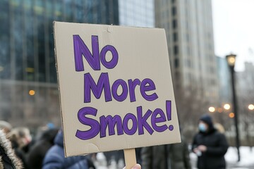 People gather for a rally in the city holding signs advocating for cleaner air and against smoke...