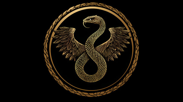 Winged snake in a circle on a black background. Winged Serpent. Illustration