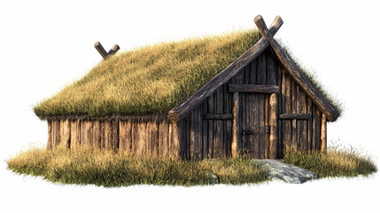 Fototapeta premium Traditional viking longhouse with grass roof, cut out - stock png. Viking Longhouse. Illustration