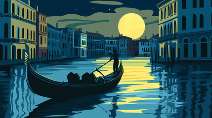 Venice gondola gliding through a moonlit canal, evoking romance and mystery in a serene night setting. Venetian Gondola Ride. Illustration