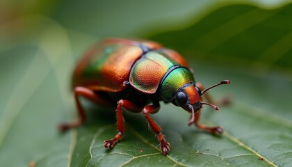  Vividly colored beetle on a leafy backdrop