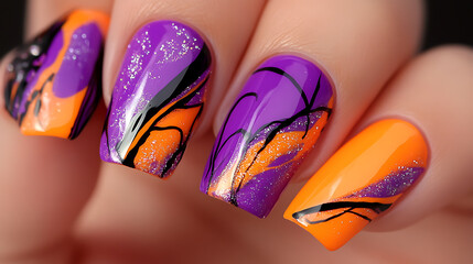 Vibrant Halloween themed nail art featuring mix of purple, orange, and black designs, showcasing abstract patterns and glitter accents for festive look