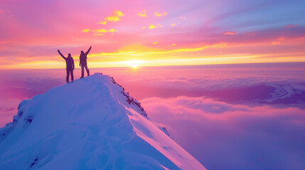 Two climbers standing on a snowy mountain peak at sunrise, capturing a breathtaking view