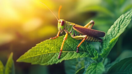 Fototapeta premium Colorful Grasshopper on Green Leaf in Nature Light