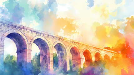 Obraz premium Watercolor illustration of a roman aqueduct clipart. Roman Aqueduct. Illustration