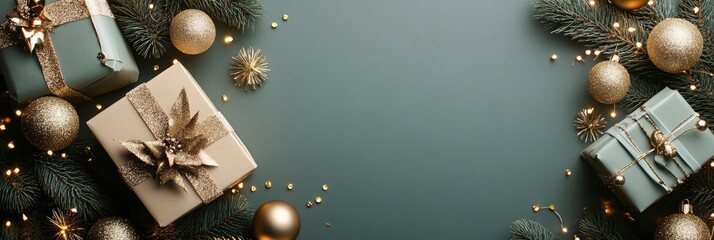 New Year banner with Christmas gift boxes and golden decorations on khaki background, ai