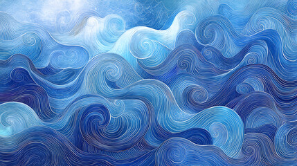 Obraz premium Whimsical ocean waves illustration featuring playful swirls in various shades of blue, creating serene and artistic atmosphere