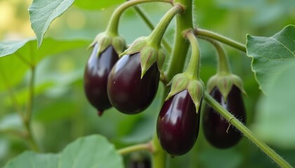  Vibrant purple eggplants growing on a lush plant
