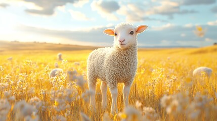 Obraz premium Adorable 3D Cute Baby Sheep Standing in a Soft Pastel Yellow Meadow, Radiating Innocence and Charm