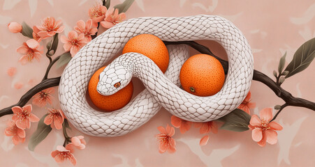 Fototapeta premium A white snake and oranges