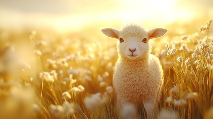 Obraz premium Adorable 3D Cute Baby Sheep Standing in a Soft Pastel Yellow Meadow, Radiating Innocence and Charm