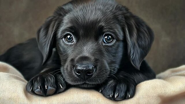 A black Labrador puppy rests its head on a brown cushion and looks directly at the camera