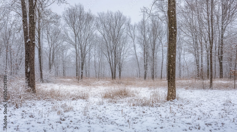 Aufkleber a quiet winter scene features snow blanketing a meadow surrounded by tall trees. soft flakes fall ge