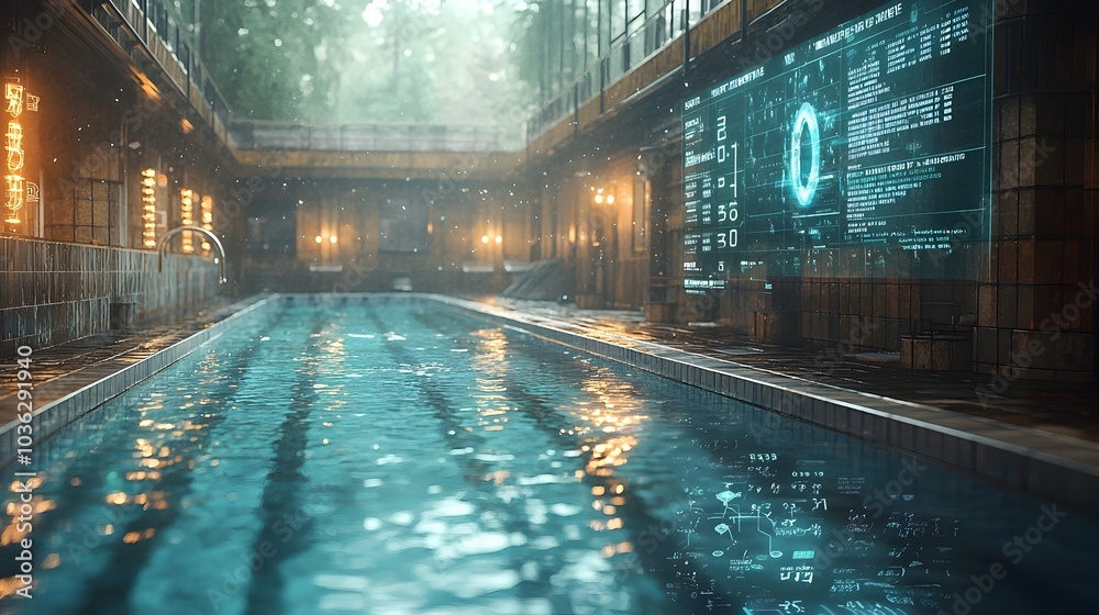 Poster holographic swimmer performance stats and data visualizations displayed over a minimalist futuristic