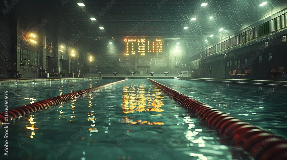 Poster holographic swimming pool with futuristic data and analytics display hovering above the deck providi