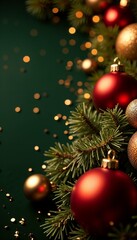 Obraz premium Christmas ornaments background, close-up of red and gold baubles with sparkling tinsel, festive and joyful