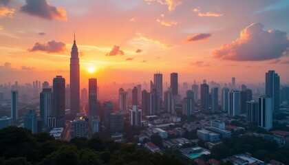 Fototapeta premium Cityscape at sunrise with clouds and skyscrapers