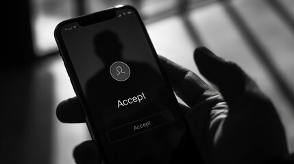 Person receiving an incoming call on smartphone in dark, monochrome scene