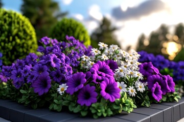 Obraz premium A 3D-rendered garden scene featuring Potentilla, Malva, and Petunia flowers, with dynamic light and shadow effects highlighting the plantsâ€™ details
