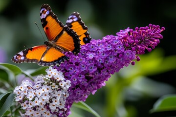 A Buddleja (Butterfly Bush) in full bloom, with long spikes of purple and white flowers attracting butterflies