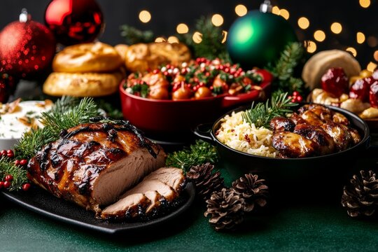 A Christmas dinner table set for a multicultural feast, with various traditional dishes from around the world, all decorated in festive colors