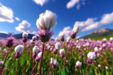 Obraz premium A Cotton Thistle (Onopordum) field in full bloom, with tall, spiny plants creating a sea of purple flowers