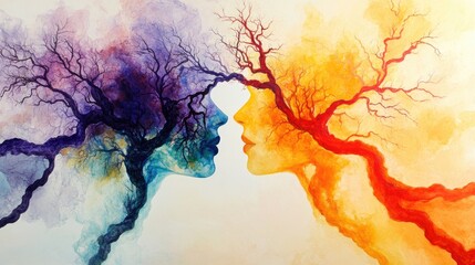 Abstract Faces with Colorful Tree Branches Design