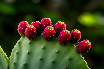 A Prickly Pear cactus with ripe fruit, the deep red fruits contrasting with the pale green pads of the plant