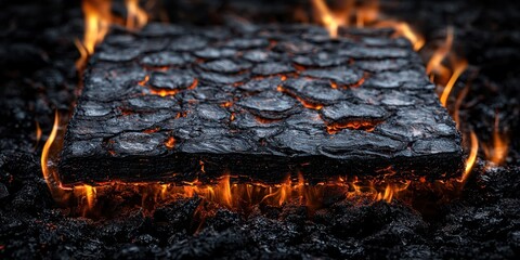 A Close-Up of a Large, Black, Charred Plank of Wood Burning Over Hot Embers